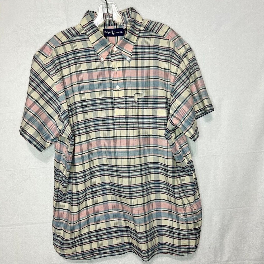 Vintage Ralph Lauren Pastel Patchwork Stitching Plaid Short-Sleeve Shirt Sz XL